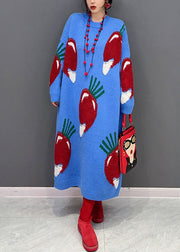 Plus Size Blue O Neck Strawberry Jacquard Long Knit Dress Winter