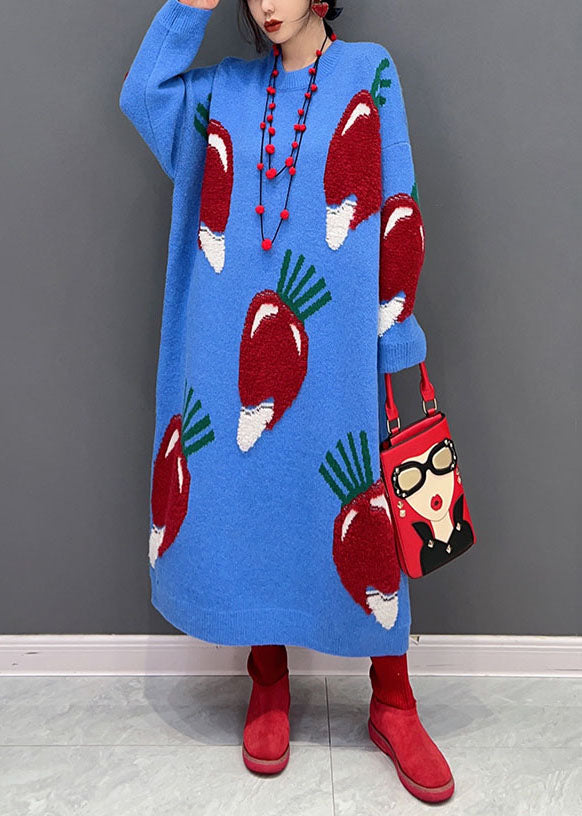 Plus Size Blue O Neck Strawberry Jacquard Long Knit Dress Winter