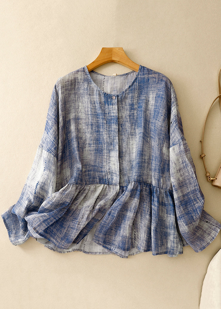 Plus Size Blue O Neck Tie Dye Patchwork Cotton Shirts Spring