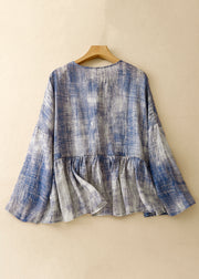 Plus Size Blue O Neck Tie Dye Patchwork Cotton Shirts Spring