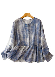 Plus Size Blue O Neck Tie Dye Patchwork Cotton Shirts Spring