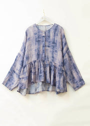 Plus Size Blue O Neck Tie Dye Patchwork Cotton Top Spring