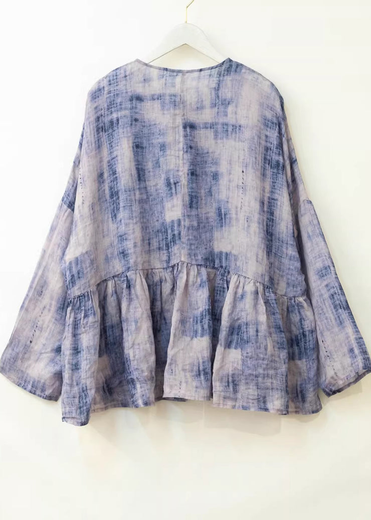 Plus Size Blue O Neck Tie Dye Patchwork Cotton Top Spring