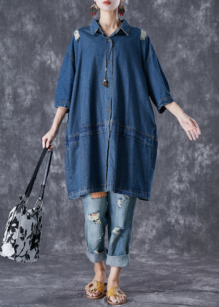 Plus Size Blue Oversized Patchwork Denim Ripped Trench Coats Fall