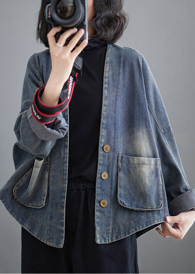 Plus Size Blue Oversized Pockets Denim Coat Outwear Spring