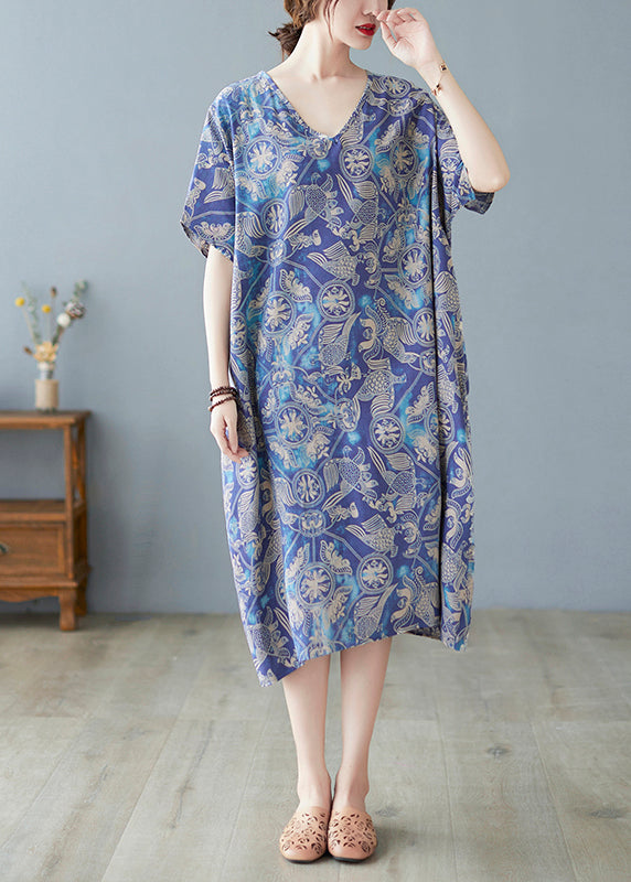 Plus Size Blue Oversized Print Cotton Beach Dress Summer