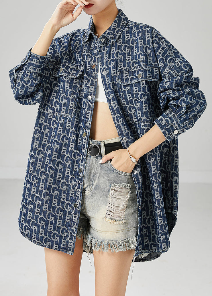 Plus Size Blue Oversized Print Denim Coat Outwear Fall