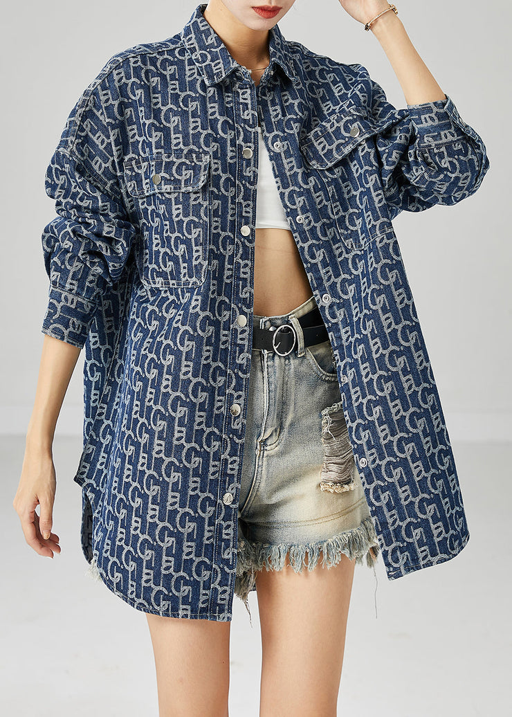 Plus Size Blue Oversized Print Denim Coat Outwear Fall