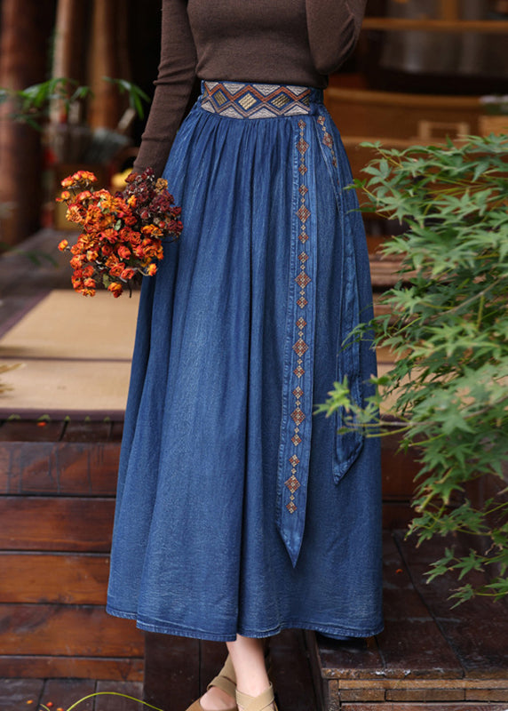 Plus Size Blue Patchwork Embroidered Tassel Elastic Waist A Line Denim Skirt