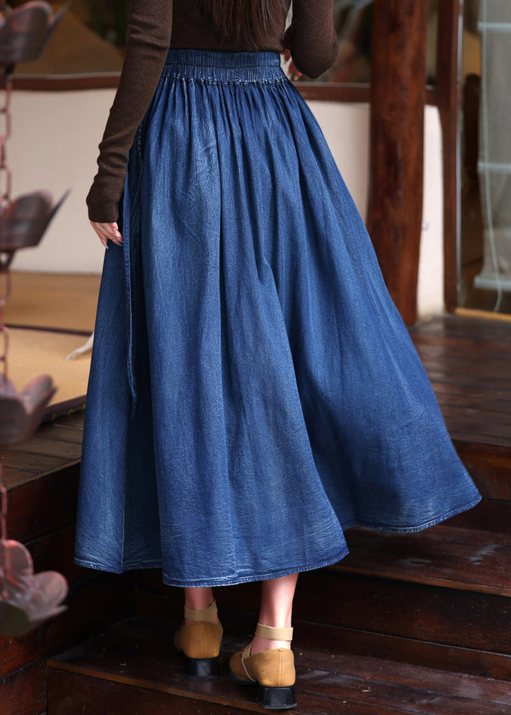 Plus Size Blue Patchwork Embroidered Tassel Elastic Waist A Line Denim Skirt