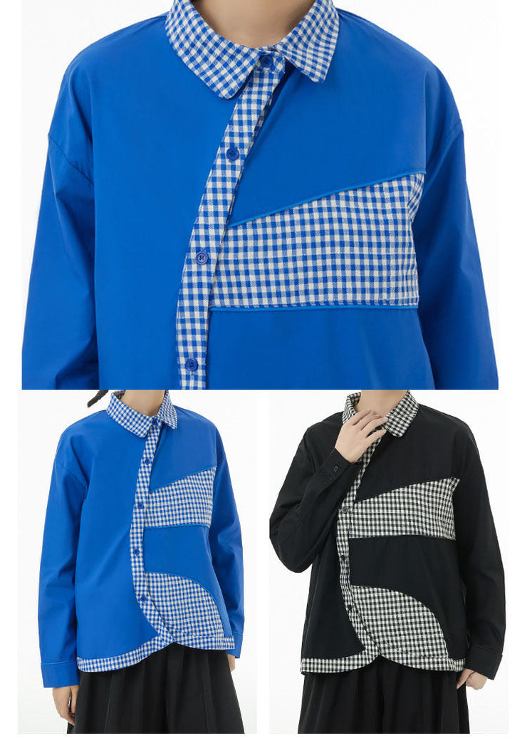 Plus Size Blue Peter Pan Collar Patchwork Plaid Cotton Shirts Spring