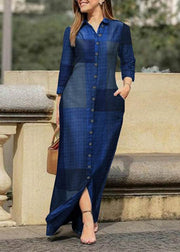 Plus Size Blue Peter Pan Collar Plaid Button Maxi Shirt Dresses Spring