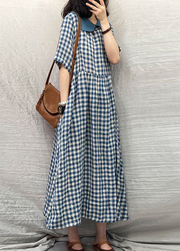 Plus Size Blue Peter Pan Collar Plaid Linen Dresses Summer