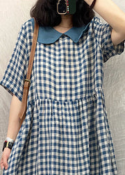 Plus Size Blue Peter Pan Collar Plaid Linen Dresses Summer