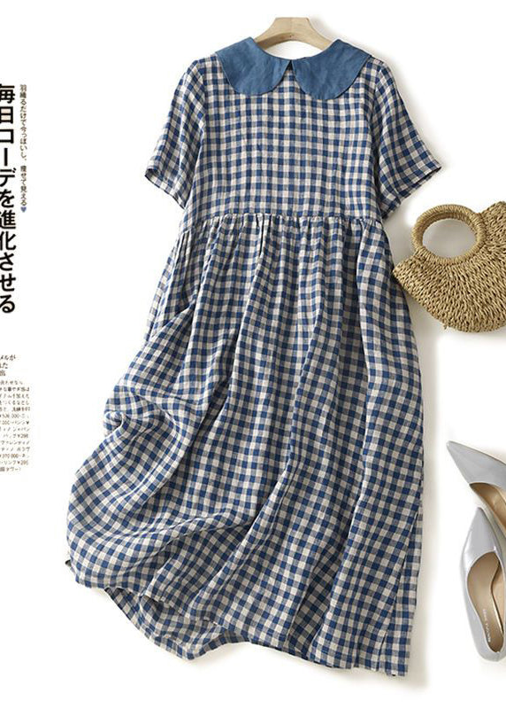 Plus Size Blue Peter Pan Collar Plaid Linen Dresses Summer