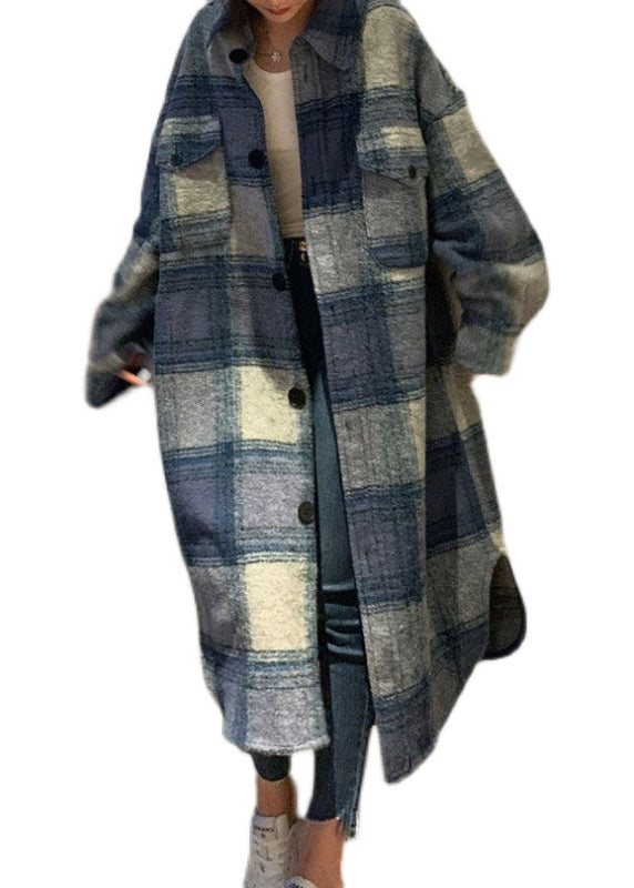 Plus Size Blue Peter Pan Collar Pockets Plaid Woolen Long Coats Fall