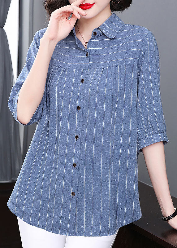 Plus Size Blue Peter Pan Collar Striped Patchwork Cotton Shirt Tops Summer