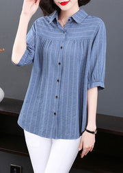 Plus Size Blue Peter Pan Collar Striped Patchwork Cotton Shirt Tops Summer