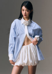 Plus Size Blue Peter Pan Collar Striped Shirt And Skirts Two Pieces Set Fall