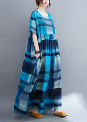 Plus Size Blue Plaid O-Neck Patchwork Maxi Dresses Summer