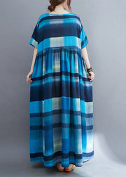 Plus Size Blue Plaid O-Neck Patchwork Maxi Dresses Summer