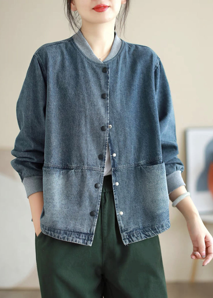 Plus Size Blue Pockets Button Denim Coat Spring