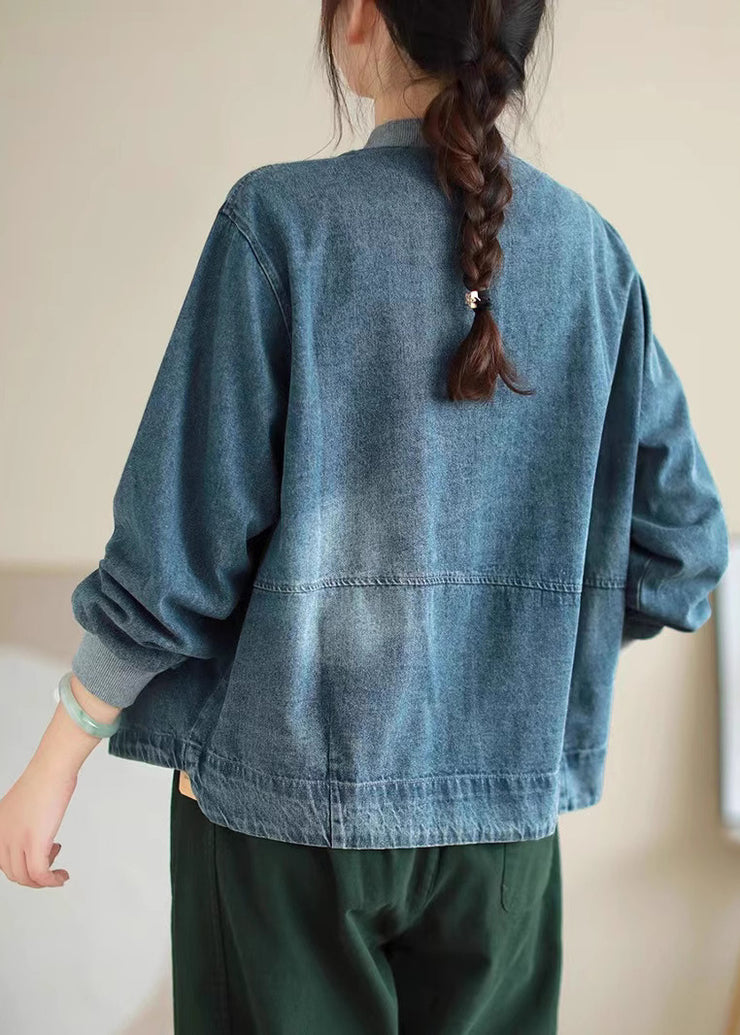 Plus Size Blue Pockets Button Denim Coat Spring