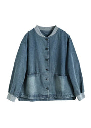 Plus Size Blue Pockets Button Denim Coat Spring