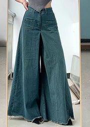 Plus Size Blue Pockets Draping Wide Leg Jeans Spring