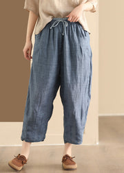 Plus Size Blue Pockets Elastic Waist Linen Harem Pants Summer
