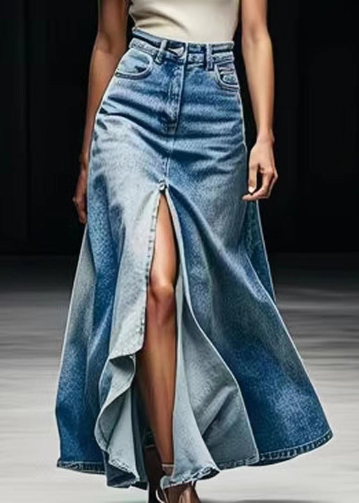 Plus Size Blue Pockets Side Open Denim Maxi Skirts Summer