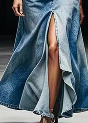 Plus Size Blue Pockets Side Open Denim Maxi Skirts Summer