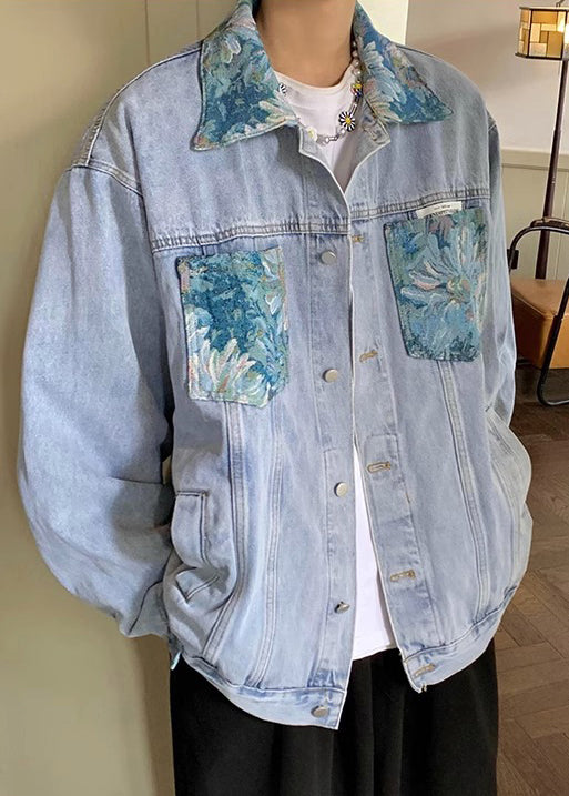 Plus Size Blue Print Pockets Patchwork Denim Men Coat Fall