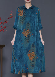 Plus Size Blue Print Side Open Silk A Line Dress Summer