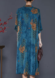 Plus Size Blue Print Side Open Silk A Line Dress Summer