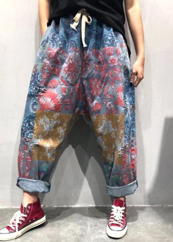 Plus Size Blue Print Tie Waist Ripped Wide Leg Pants Summer