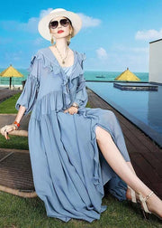 Plus Size Blue Ruffled Asymmetrical Patchwork Silk Vacation Dresses Summer