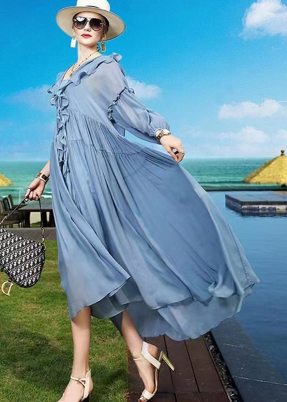 Plus Size Blue Ruffled Asymmetrical Patchwork Silk Vacation Dresses Summer