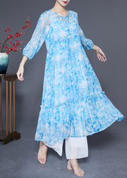 Plus Size Blue Ruffled Patchwork Exra Large Hem Chiffon Beach Dresses Bracelet Sleeve