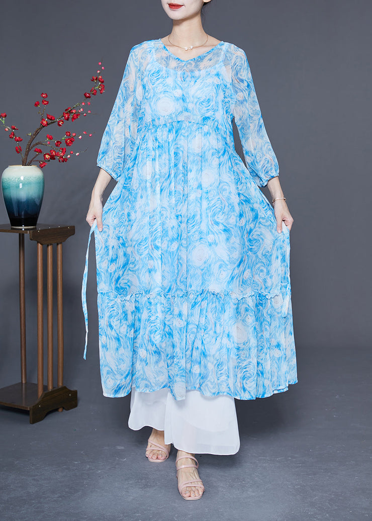 Plus Size Blue Ruffled Patchwork Exra Large Hem Chiffon Beach Dresses Bracelet Sleeve