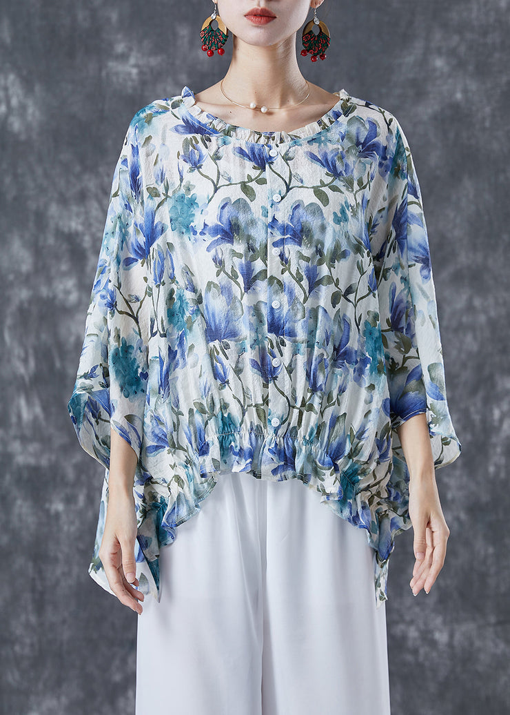 Plus Size Blue Ruffled Print Cotton Shirt Tops Batwing Sleeve