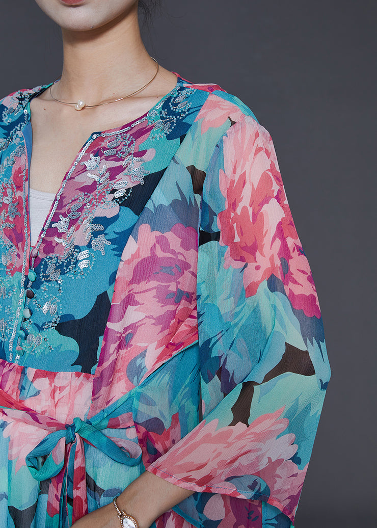 Plus Size Blue Sequins Print Chiffon Shirt Top Summer