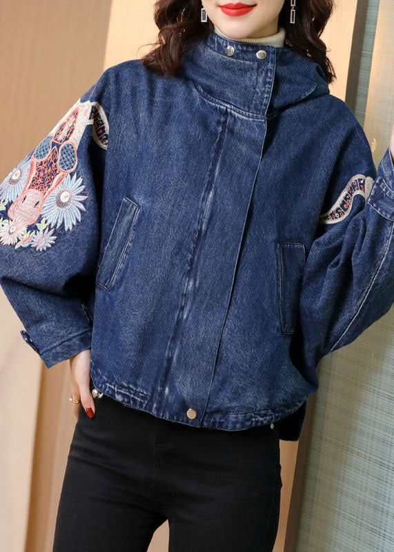 Plus Size Blue Stand Collar Embroideried Denim Coats Spring