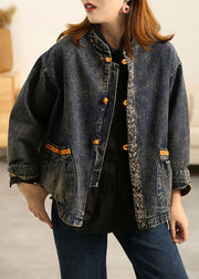 Plus Size Blue Stand Collar Oriental Button Pockets Patchwork Cotton Denim Coat Outwear Long Sleeve