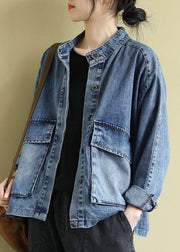 Plus Size Blue Stand Collar Patchwork Button Denim Coats Long Sleeve