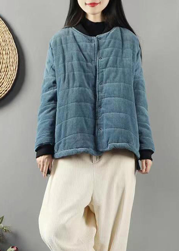 Plus Size Blue Stand Collar Pockets Fine Cotton Filled Coats Winter