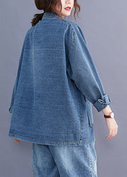 Plus Size Blue Stand Collar Pockets Patchwork Denim Coats Fall