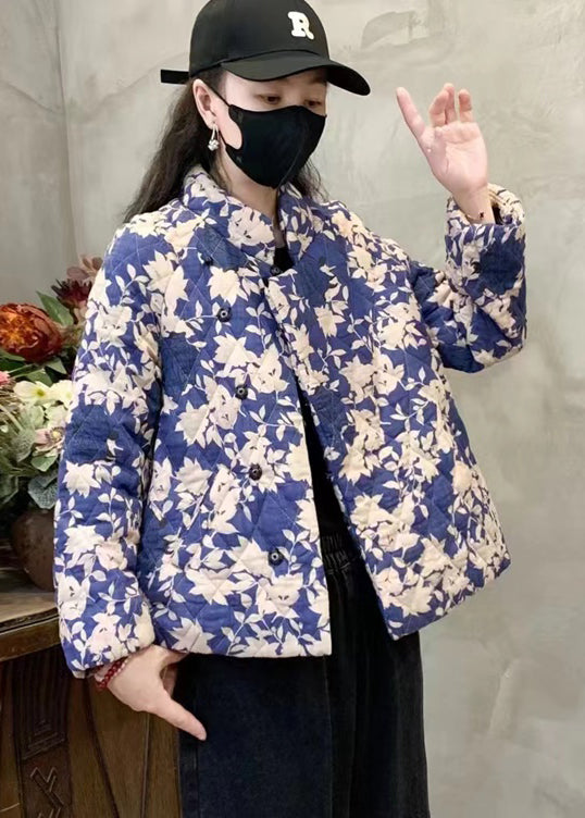 Plus Size Blue Stand Collar Print Fine Cotton Filled Coat Winter