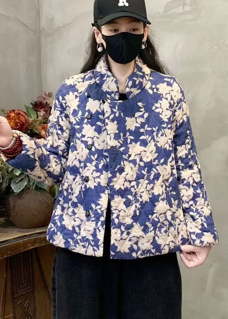 Plus Size Blue Stand Collar Print Fine Cotton Filled Coat Winter