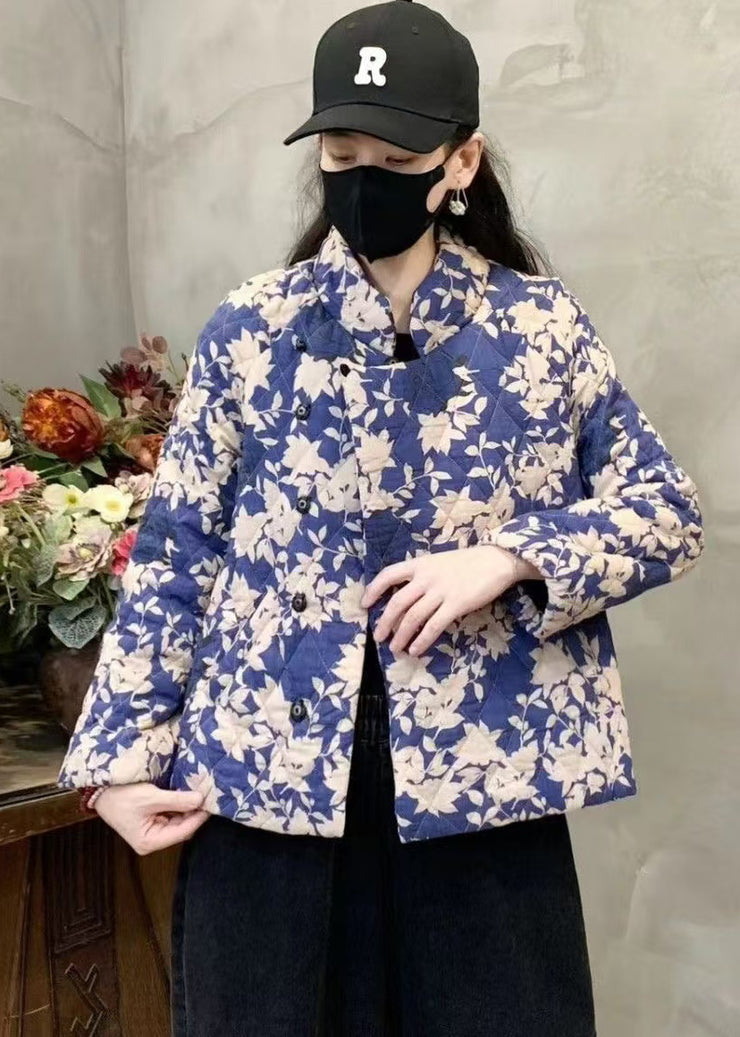 Plus Size Blue Stand Collar Print Fine Cotton Filled Coat Winter